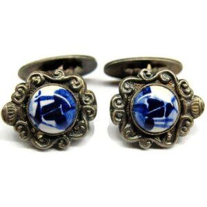 Vintage 925 Dutch Windmill Delft Blue Porcelain Cuff Links Beautiful